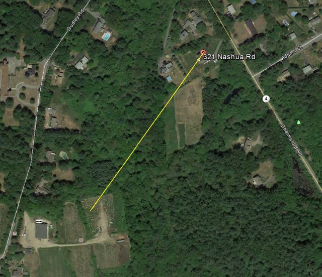 Bee yard, lower left, complainers, upper right - over 300 metres away.